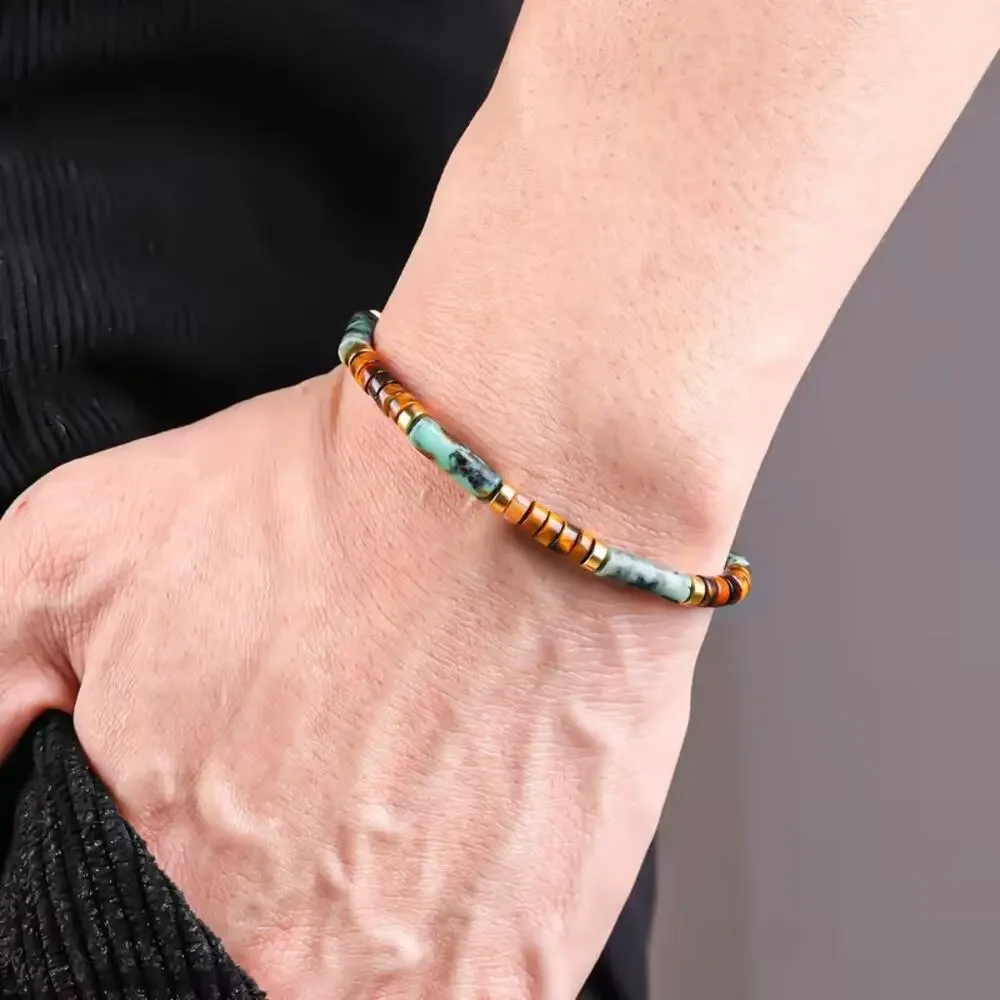 Men'S Bracelet African Turquoise Tiger'S Eye Beads Bohemian Natural Stone New